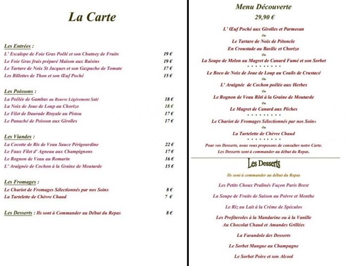 menu gastronomique restaurant